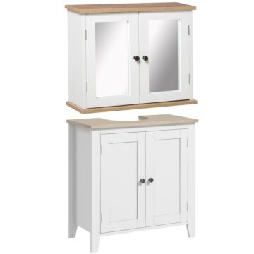 Kleankin Bathroom Furniture Set, Mirror Cabinet Wall Mounted With Adjustable Shelf, Bathroom Sink Cabinet With Storage, White And Wood Grain