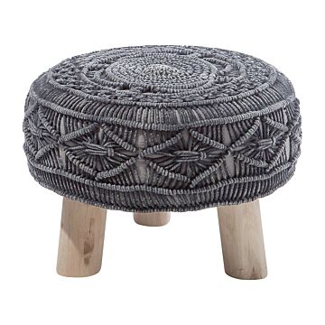 Footstool Graphite Grey Cotton With Wooden Legs Knitted Oriental Pattern Rustic