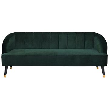 Sofa Emerald Green Velvet 3 Seater Channel Back Recessed Arms Wooden Legs Beliani