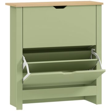 Homcom Slim Shoe Cabinet, Narrow Shoe Cupboard With 2 Flip Drawers, Adjustable Shelves For 12 Pairs Of Shoes, Green