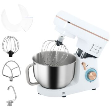 Homcom Stand Mixer, 5l Food Mixer For Baking, 6 Speeds And Pulse Setting, 1400w Cake Electric Kitchen Mixer With Dough Hook, Whisk, Stainless Steel Bowl, Splash Guard, Beater, White