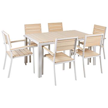 7 Piece Garden Dining Set Light Plastic Wood And White Aluminium 6 Chairs Rust Uv Resistant Beliani