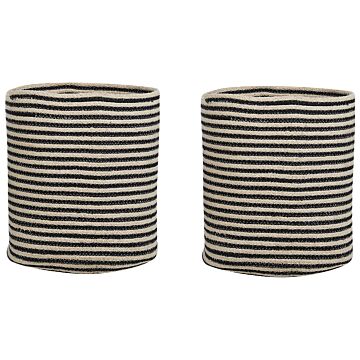 Set Of 2 Storage Baskets Beige And Black Cotton Striped Pattern Laundry Bins Boho Accessories Beliani