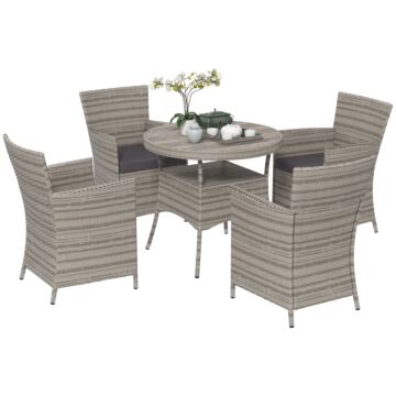 Outsunny Rattan Dining Set 5 Pieces With Removable Cushions, Slatted Tabletop For Patio, Lawn, Balcony, Grey