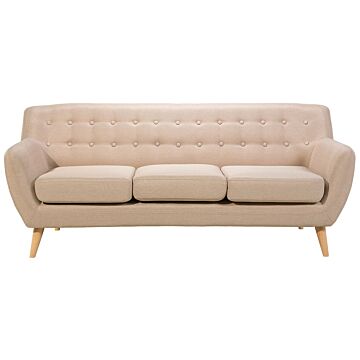 3 Seater Sofa Beige Upholstered Tufted Back Thickly Padded Light Wood Legs Scandinavian Minimalistic Living Room Beliani