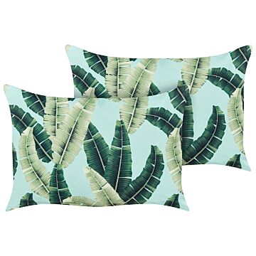 Set Of 2 Garden Cushions Green Polyester 40 X 60 Cm Rectangular Leaf Pattern Motif Modern Design Throw Scatter Pillow Beliani