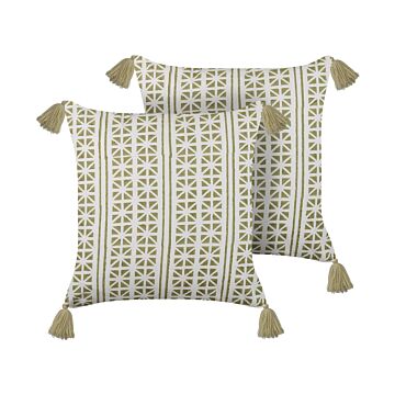 Scatter Cushions Green And White 45 X 45 Cm Hand Block Print Removable Covers Zipper Boho Pattern Beliani