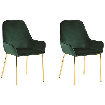Set Of 2 Dining Chairs Green Velvet Upholstery Gold Legs Retro Glamour Beliani