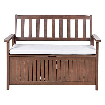 Garden Bench With Storage Dark Solid Acacia Wood White Cushion 120 X 60 Cm 2 Seater Outdoor Patio Rustic Traditional Style Beliani