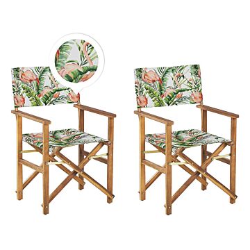 Set Of 2 Garden Director's Chairs Light Wood With Off-white Acacia Flamingo Pattern Replacement Fabric Folding Beliani