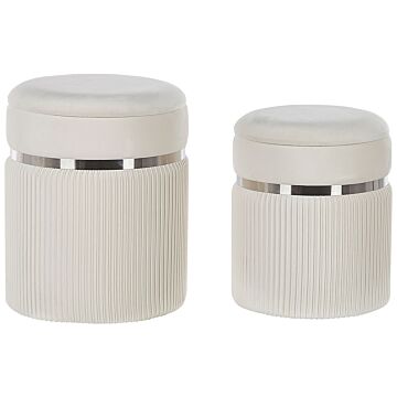 Set Of 2 Pouffes Off-white Velvet Metal Bands Glamour Internal Storage Living Room Bedroom Beliani