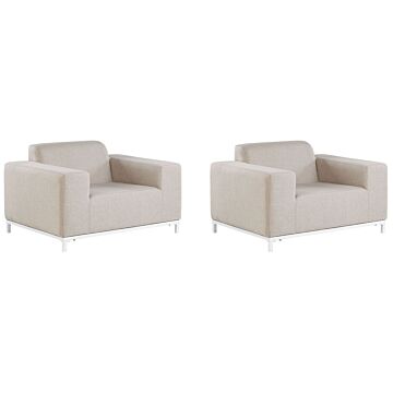 Set Of 2 Garden Armchairs Beige Fabric White Aluminium Legs Upholstery Indoor Outdoor Furniture Weather Resistant Outdoor Beliani