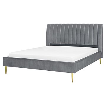 Eu King Size Panel Bed 5ft3 Grey Velvet Slatted Base High Headrest Vintage Beliani
