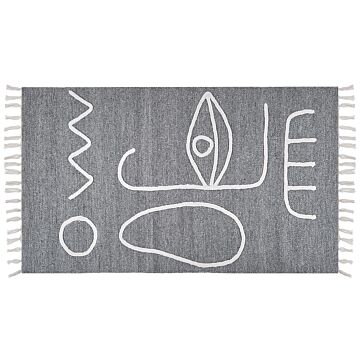 Area Handwoven Rug Grey Polyester 80 X 150 Cm Rectangle Abstract Pattern With Tassels Rectangular Boho Indoor Outdoor Beliani