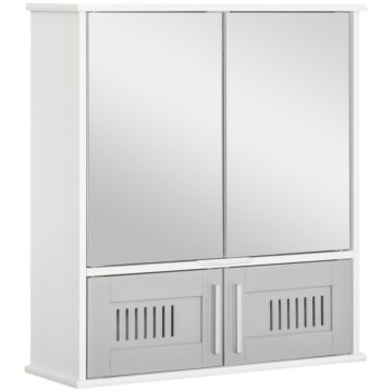 Kleankin Bathroom Mirror Cabinet, Wall Mounted Storage Cupboard With Double Doors And Adjustable Shelf, Bathroom Organizer, Grey