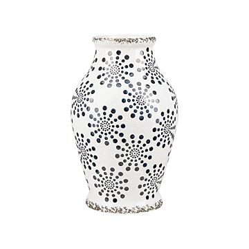 Flower Vase White And Blue Stoneware Waterproof Distressed Look Dot Pattern Retro Design Beliani