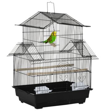 Pawhut Metal Bird Cage With Plastic Swing Perch Food Container Tray Handle For Finch Canary Budgie 50.5 X 40 X 63cm Black