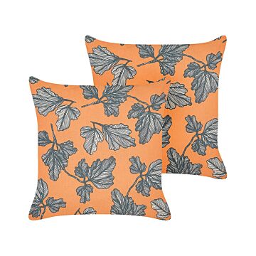 Set Of 2 Scatter Cushions Orange And Black Linen Cotton Polyester 45 X 45 Cm With Leaf Pattern Removable Covers Zipper Closure Modern Traditional Living Room Beliani