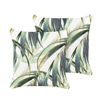 Set Of 2 Garden Cushions Green And White Polyester Leaf Pattern 45 X 45 Cm Modern Outdoor Decoration Water Resistant Beliani