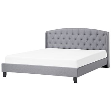 Slatted Bed Frame Grey Polyester Fabric Upholstered Tufted Headrest 6ft Eu Super King Size Modern Design Beliani