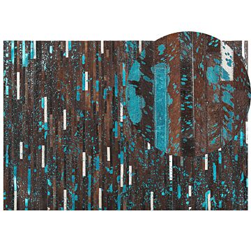 Area Rug Brown And Blue Cowhide Leather 160 X 230 Cm Patchwork Striped Surface Beliani