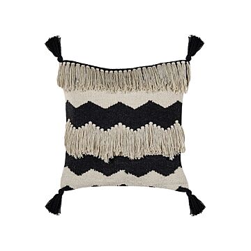 Decorative Cushion Beige And Black Cotton 45 X 45 Cm With Tassels Boho Geometric Pattern Handmade Accent Piece Beliani