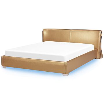 Eu Super King Size Panel Bed 6ft Gold Leather With Led Slatted Frame Contemporary Beliani
