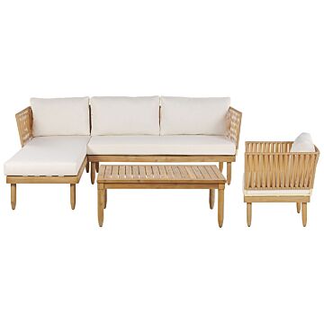 Outdoor Lounge Set Acacia Wood With White Cushions Faux Rattan Armchair Coffee Table Right Hand 4 Seater Beliani