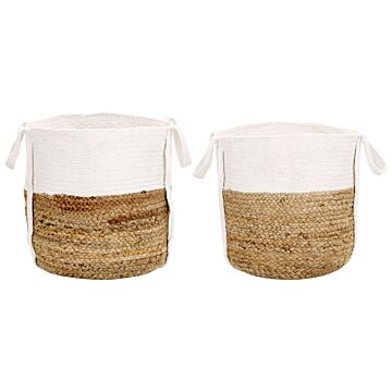 Set Of 2 Storage Baskets Natural And White Jute And Cotton Braided Laundry Hamper Fabric Bin Beliani
