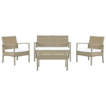 Garden Sofa Set Brown Faux Rattan With White Cushions With Coffee Table 4 Seater Beliani