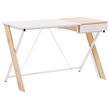 Home Office Desk White 120 X 60 Cm With Light Wood Frame 1 Drawer Beliani