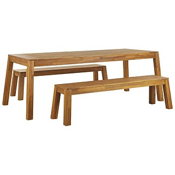 Garden Dining Set 3 Pieces Solid Acacia Wood Rectangular Table 2 Benches Indoor Outdoor Rustic Design Beliani
