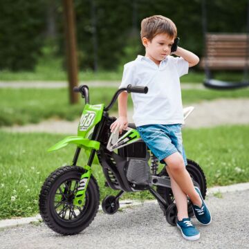 Aiyaplay 12v Kids Electric Motorbike, Kids Electric Ride On Motorcycle W/ Twist Grip Throttle, Training Wheels - Green