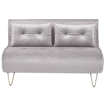 Sofa Bed Grey Velvet 2 Seater Fold-out Sleeper Armless With 2 Cushions Metal Gold Legs Glamour Beliani