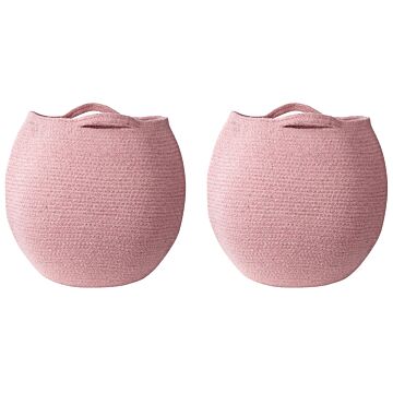 Set Of 2 Storage Baskets Pink Cotton 20 X 30 Cm Laundry Bins Handwoven Containers Beliani