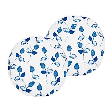 Set Of 2 Garden Cushions White And Blue Polyester ⌀ 40 Cm Round Leaf Pattern Motif Modern Design Throw Scatter Pillow Beliani