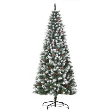 Homcom 6ft Artificial Christmas Tree Xmas Pencil Tree With Red Berries,pine Cones With Foldable Feet, Green