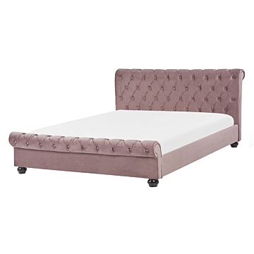 Bed Frame Pink Velvet Upholstery Black Wooden Legs Eu Double Size 4ft6 Buttoned Glam Beliani