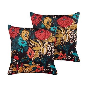 Set Of 2 Decorative Cushions Multicolour Velvet 45 X 45 Cm Leaf And Floral Pattern Boho Decor Accessories Beliani