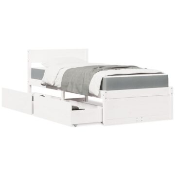 Vidaxl Bed With Drawers And Mattress White 100x200 Cm Solid Wood Pine