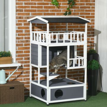 Pawhut Cats Fir Wood 3-tier Waterproof Play House Grey