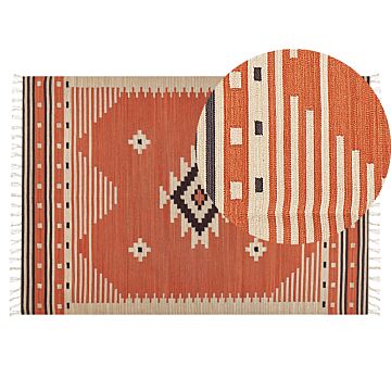 Kilim Area Rug Multicolour Cotton 140 X 200 Cm Reversible Geometric Pattern With Tassels Rectangular Traditional Beliani