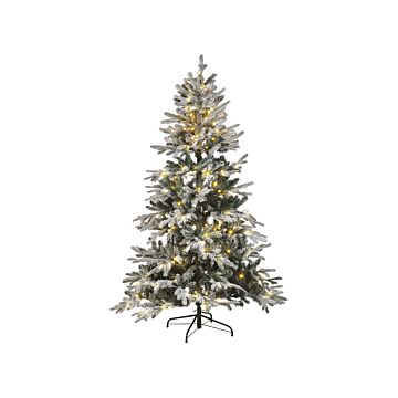 Artificial Christmas Tree White Synthetic 180 Cm Snow Frosted Flocked Hinged Branches Led Fairy Lights Holiday Beliani
