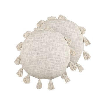 Set Of 2 Decorative Cushions Beige Cotton 45 Cm Round With Tassels Modern Boho Decor Accessories Beliani