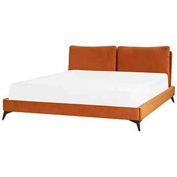 Eu Super King Size Bed Orange Velvet Upholstery 6ft Slatted Base With Thick Padded Headboard With Cushions Beliani