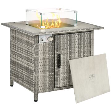 Outsunny Outdoor Pe Rattan Gas Fire Pit Table, Patio Square Propane Heater With Rain Cover, Glass Windscreen, And Lava Stone, 50,000 Btu, Grey