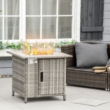 Outsunny Outdoor Pe Rattan Gas Fire Pit Table, Patio Square Propane Heater With Rain Cover, Glass Windscreen, And Lava Stone, 50,000 Btu, Grey
