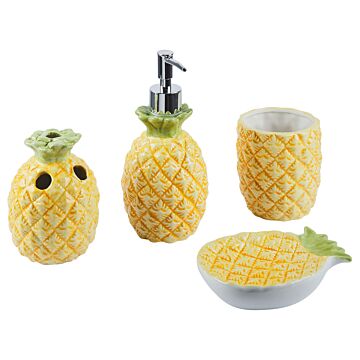 Bathroom Accessories Set Yellow Dolomite Modern Soap Dispenser Soap Dish Toothbrush Holder Container Pineapple Beliani