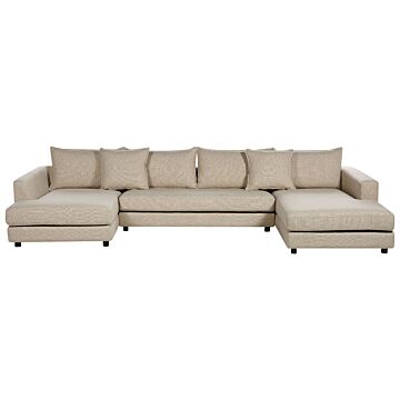 Corner Sofa Beige Polyester Upholstery Modern U-shaped 5 Seater With Ottomans Extra Throw Pillows Cushioned Backrest Beliani