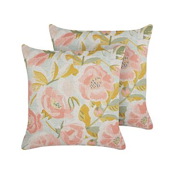 Set Of 2 Decorative Cushions Pink And Blue Multicolour Floral Pattern 45 X 45 Cm Vintage Boho Decor Accessories Beliani